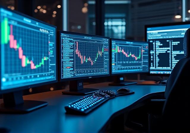 High-tech trading desk with multiple monitors