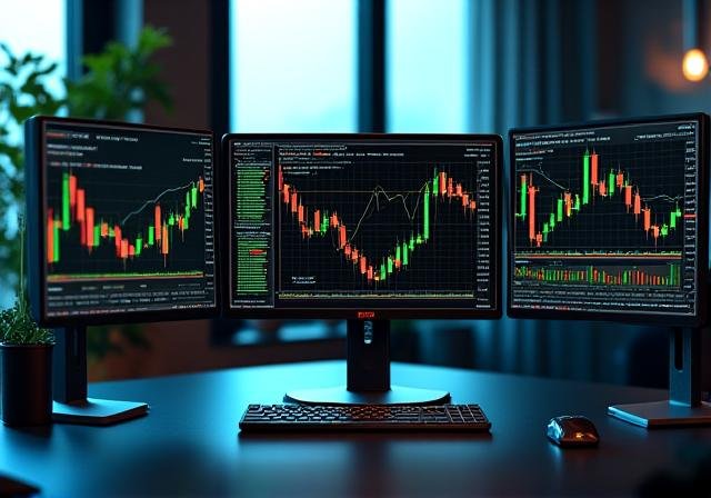 Professional trader analyzing financial markets on multiple monitors
